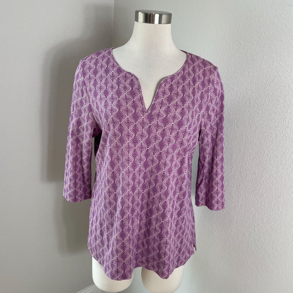 LL Bean Womens Large Petite 100% Supima Purple Diamond 3/4 Sleeve‎ Tunic Top